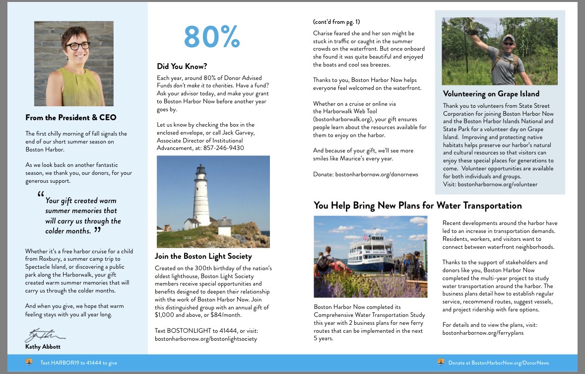 Boston Harbor Now donor newsletter interior spread designed by Ryan Thomas